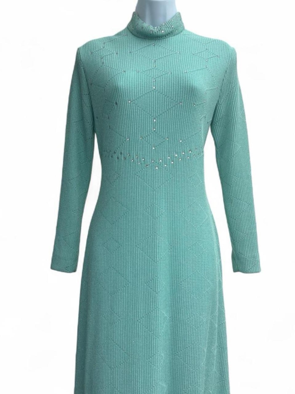 Vtg Bernie Bee Turtleneck Long-Sleeve Knit Dress 10 1970s Rhinestone Maxi Mod